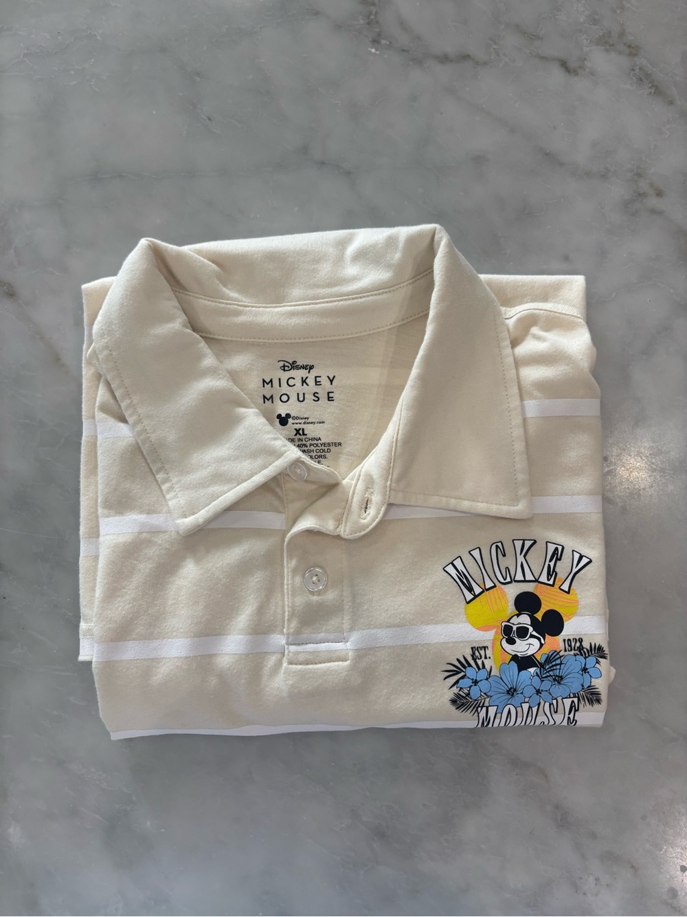 Disney Cream & White Striped Mickey Polo with Yellow and Blue Accent